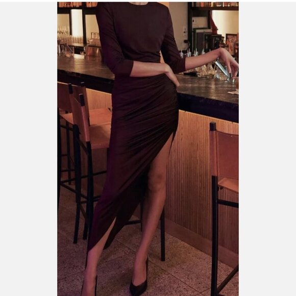 Veronica Beard Tristana Dress Asymmetrical Long Sleeve High Slit Brown Size 14 - Picture 8 of 11